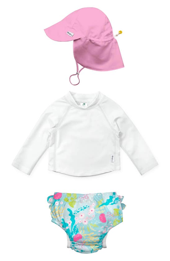 Green Sprouts Babies' Kids' Sun Hat, Long Sleeve Rashguard & Reusable Swim Diaper Set In Aqua Coral Reef