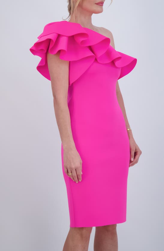 Shop Eliza J One-shoulder Ruffle Neck Midi Dress In Hot Pink