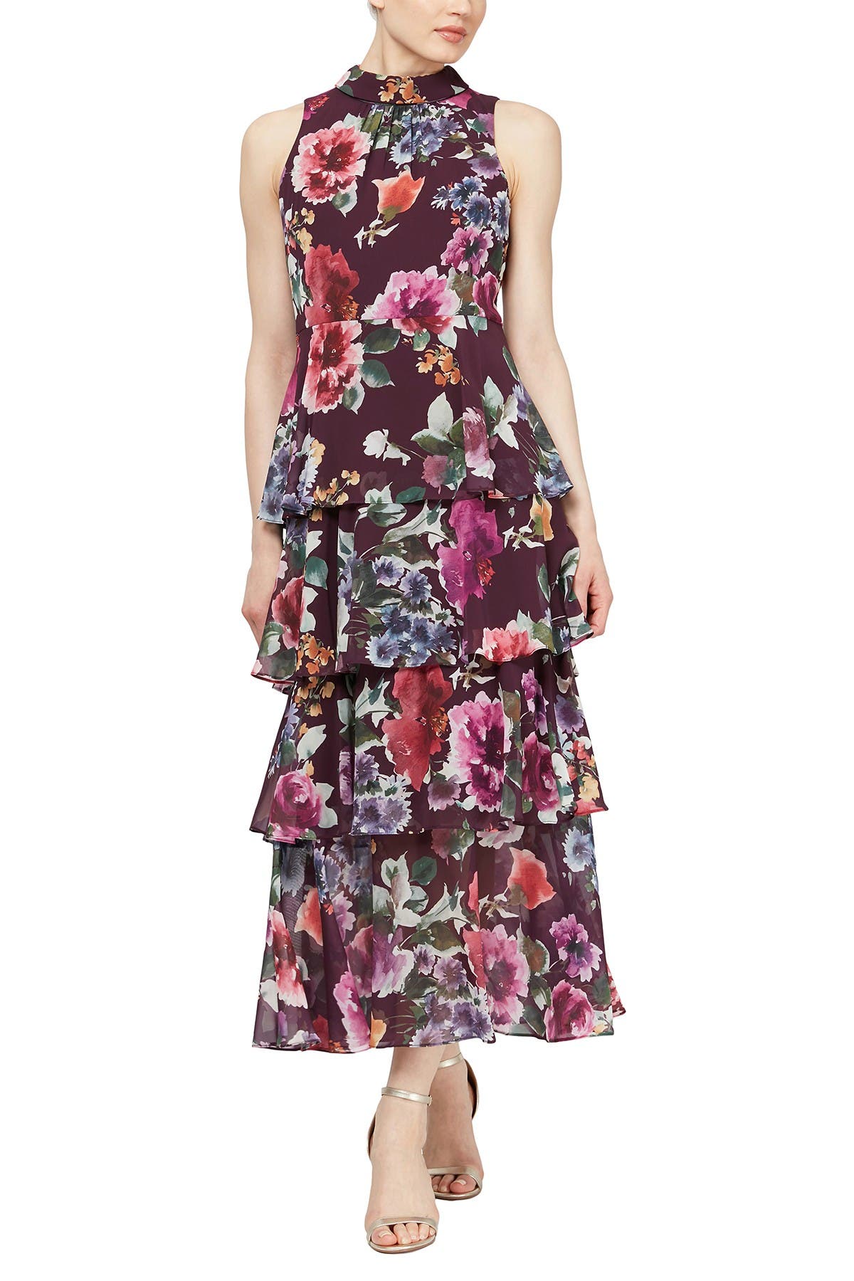 Slny Floral Mock Neck Crepe Maxi Dress In Fig Multi | ModeSens