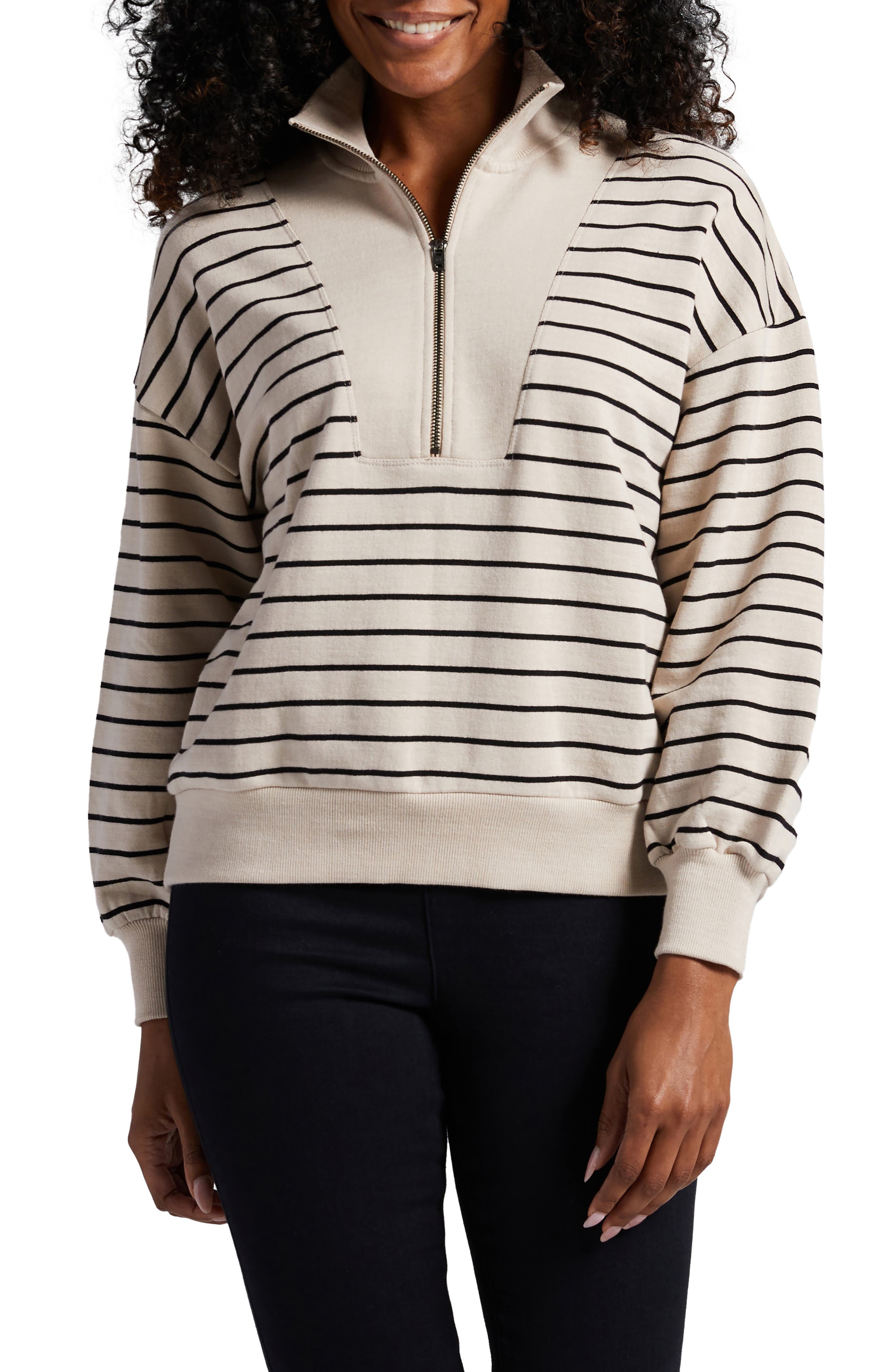 Jag Jeans Women's Striped Half-Zip Sweatshirt - Khaki with Black Stripe - Size XLarge