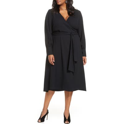 Plus Size Halogen Long Sleeve Midi Wrap Dress, Black