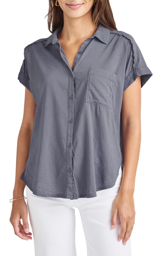 Shop Splendid Paige High-low Cotton Blend Button-up Shirt In Ash Navy