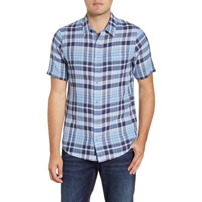 Travismathew Pure Mirth Regular Fit Plaid Short Sleeve Button-Up Sport Shirt, Blue