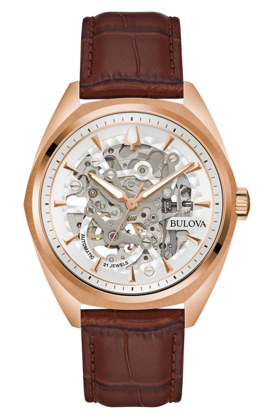 Bulova Men's Automatic Classic Surveyor Brown Leather Strap Watch 41mm In Rose Goldone