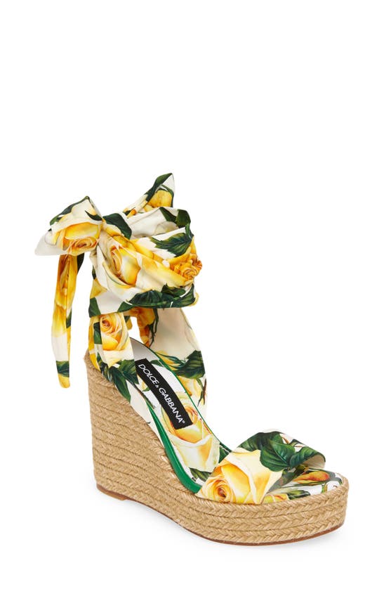 Shop Dolce & Gabbana Floral Print Ankle Tie Wedge Sandal In Yellow Multi