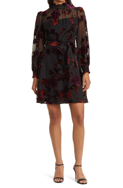 Eliza J Smocked Trim Long Sleeve Velvet Burnout Dress in Black at Nordstrom, Size 6