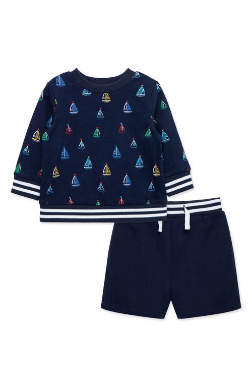 Little Me Nautical Print Sweatshirt & Shorts Set Blue at Nordstrom,