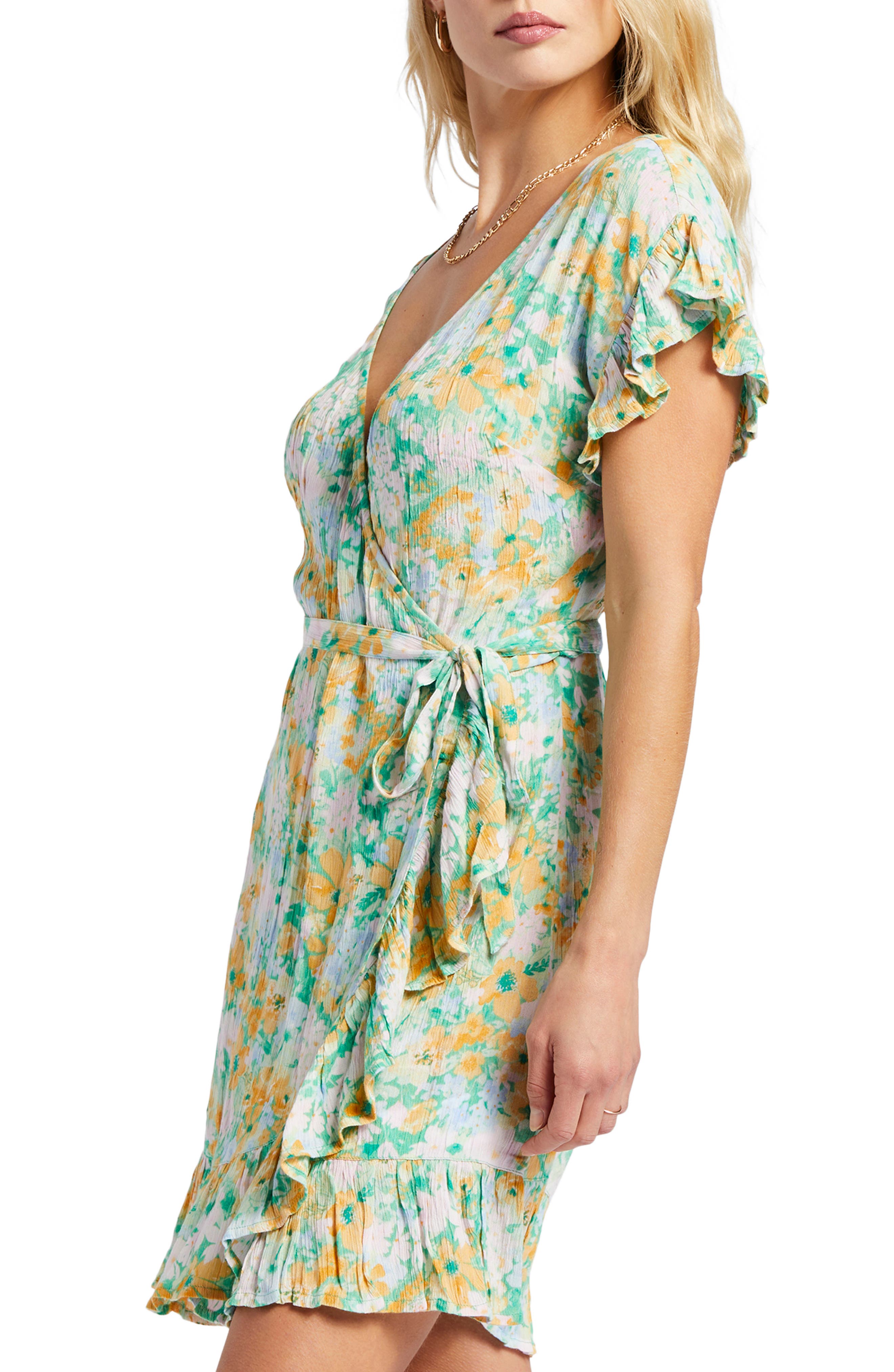 Billabong Wrap Roll Floral Ruffle Wrap Minidress in Green Smart Closet