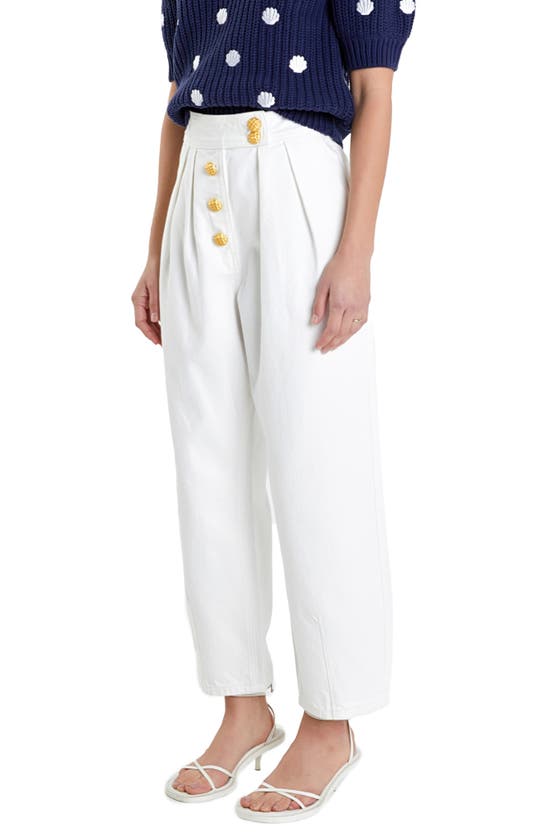 Shop English Factory Premium Pleated Crop Wide Leg Denim Trousers In Ivory