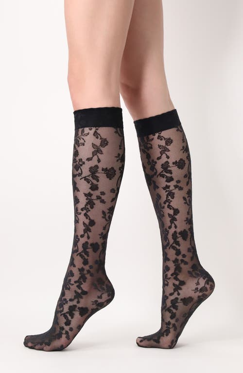 Oroblu Shaded Roses Sheer Lace Knee High Socks in Black/Black 