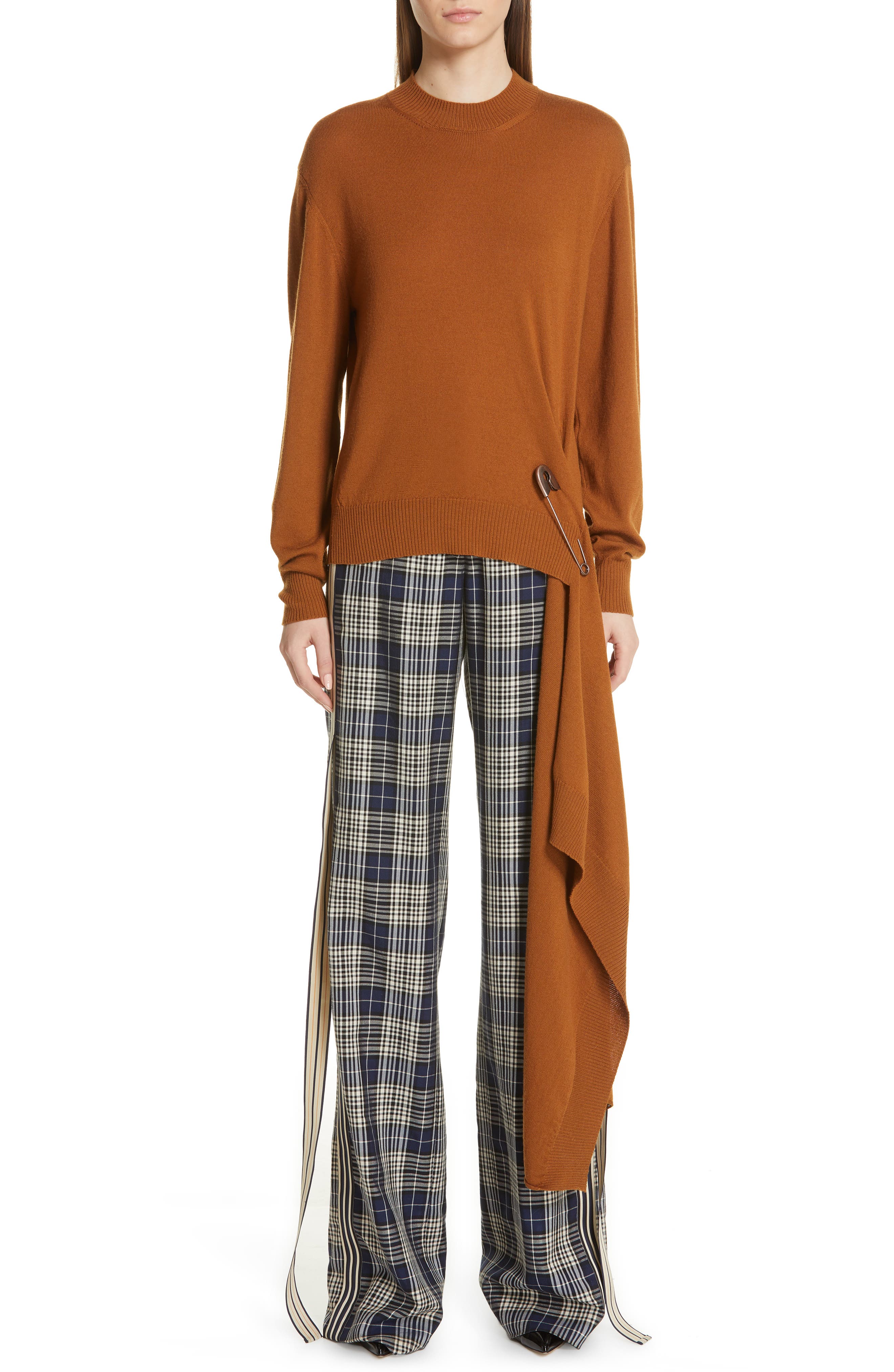 Monse Drape Pin Hem Wool Sweater, Brown