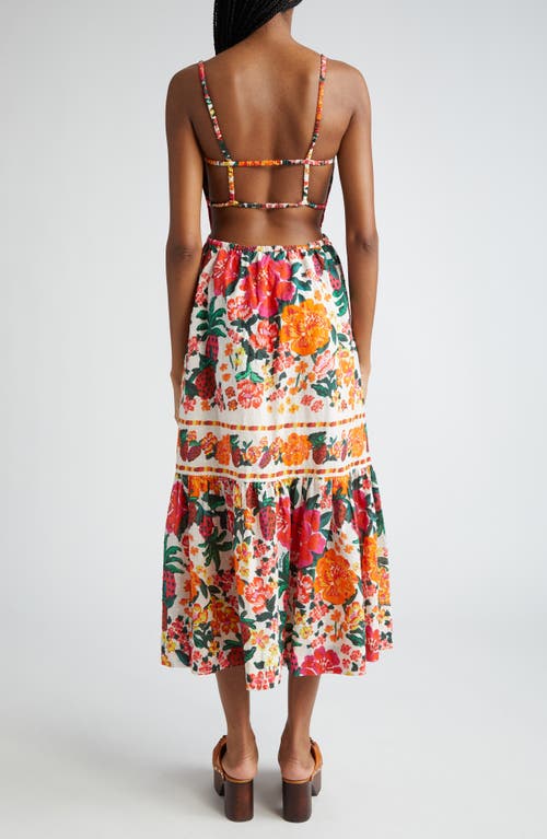 Farm Rio Floral Sketch Tiered Cotton Midi Dress In Floral Sketch White
