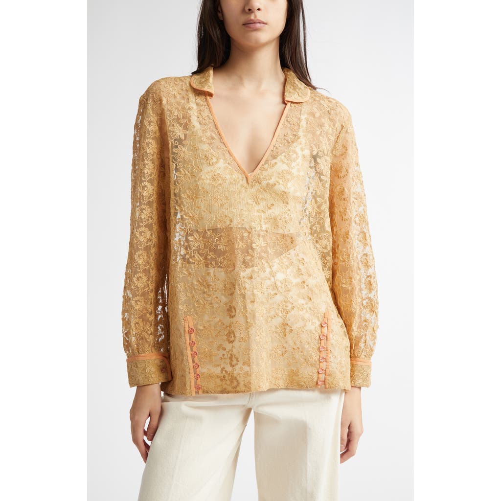 Bode Beige Lace Attic Blouse In Ecru Pink