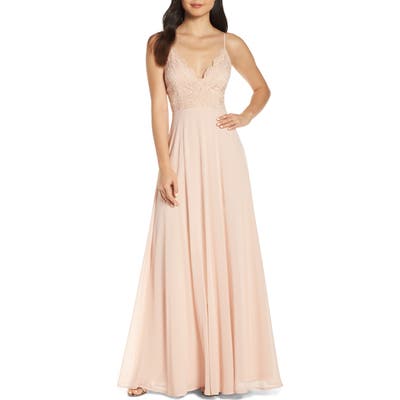 Lulus Madalyn V-Neck Lace & Chiffon Evening Dress, Pink