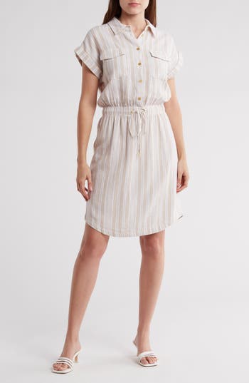 Shop Ellen Tracy Drop Shoulder Shirtdress In Linen/white Stripe