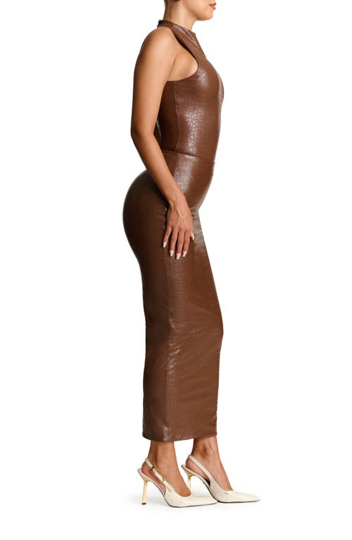 Shop Naked Wardrobe Croc Embossed Faux Leather Midi Skirt In Chocolate