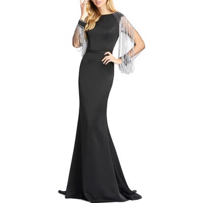 MAC Duggal Fringe Sleeve Trumpet Gown, Black