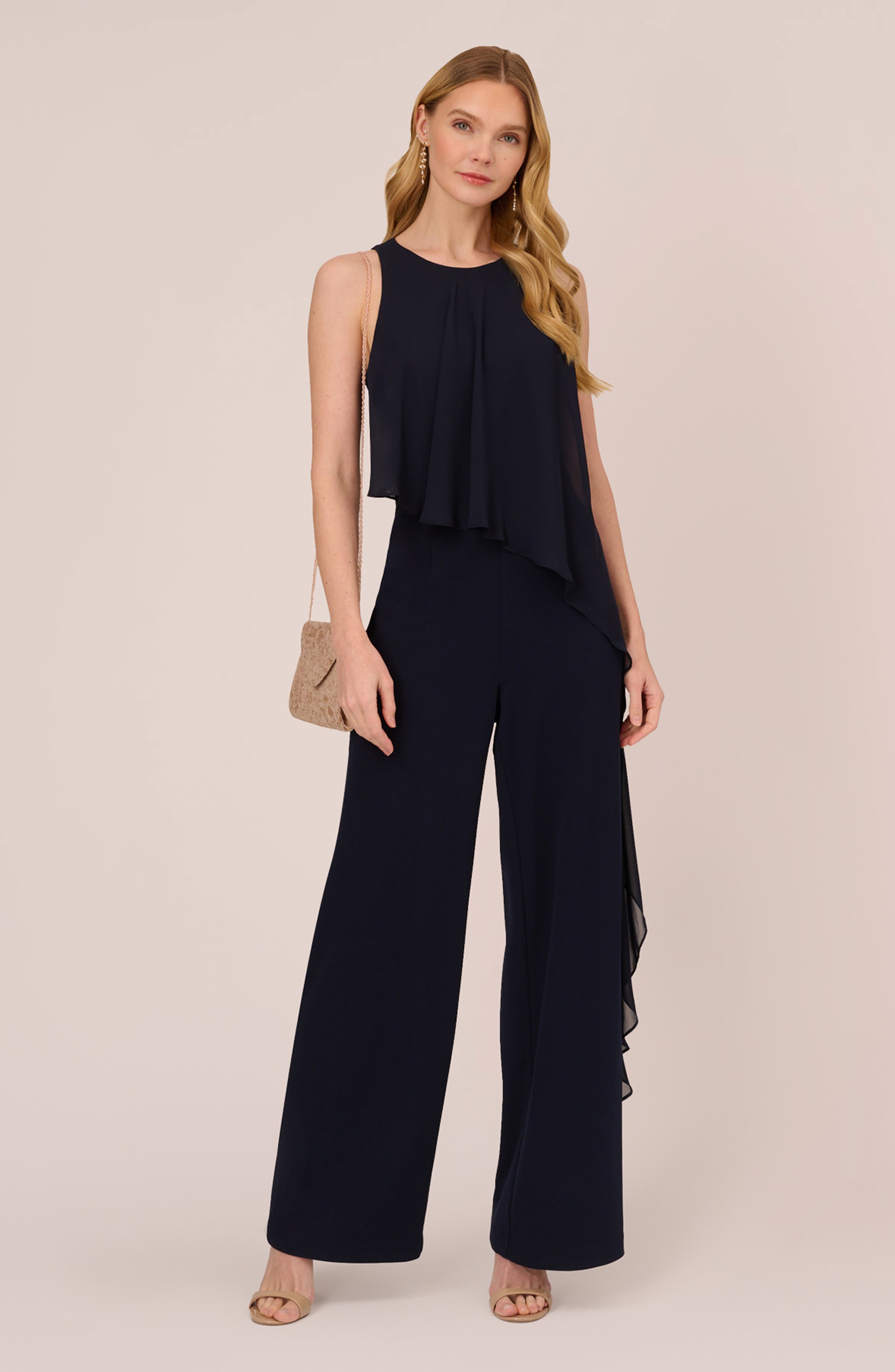 Floral-Print Cropped Jumpsuit With Chiffon Overlay In Navy Multi