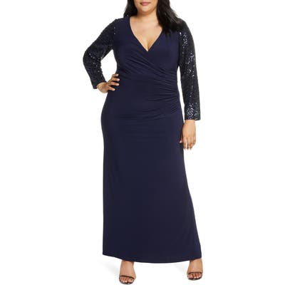 Plus Size Eliza J Sequin Long Sleeve Ruched Gown, Blue