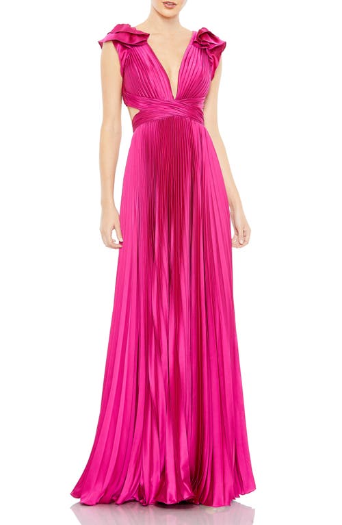 Plunge Neck Pleated A-Line Gown in Fuchsia