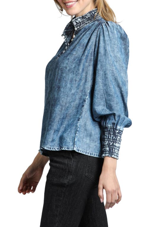 Shop Apny Moon Wash Balloon Sleeve Button-up Shirt In Indigo