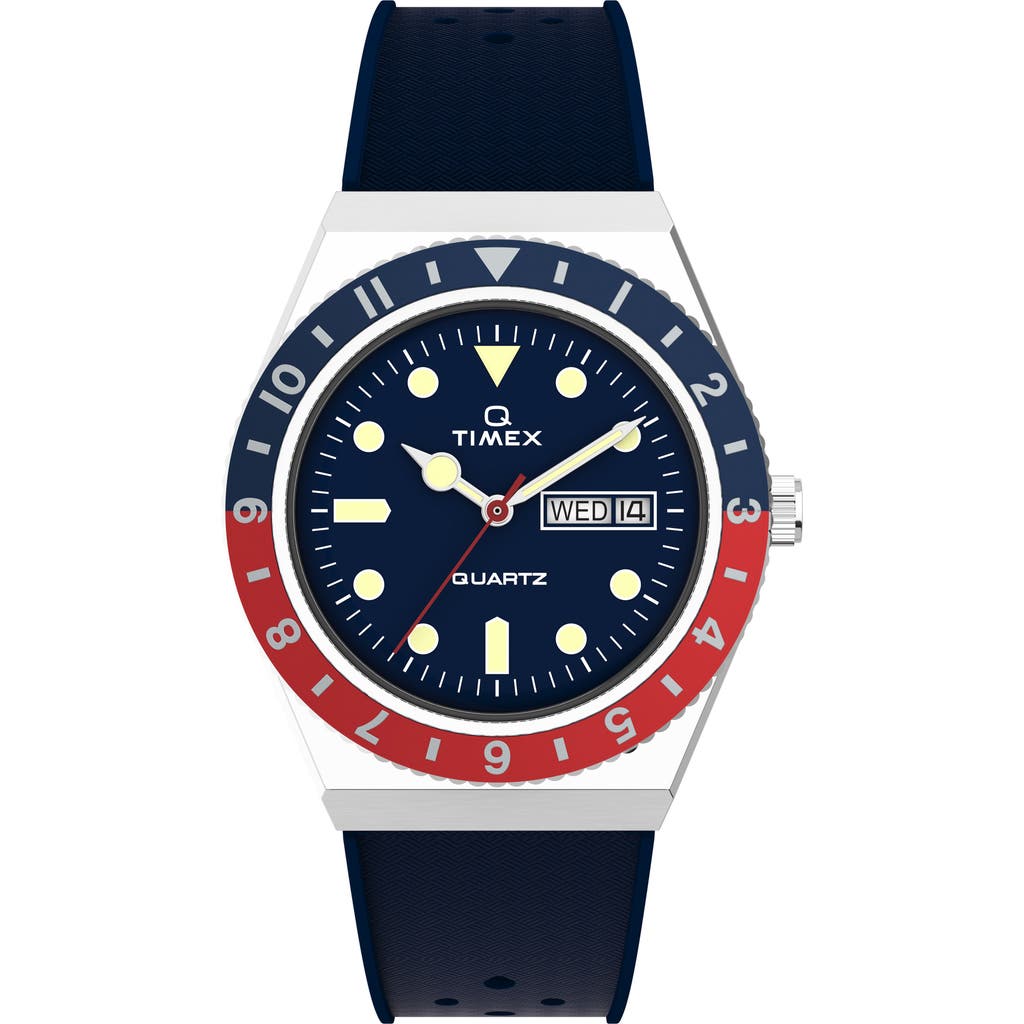 Timex ® Q Silicone Strap Watch, 38mm In Silver/blue/blue