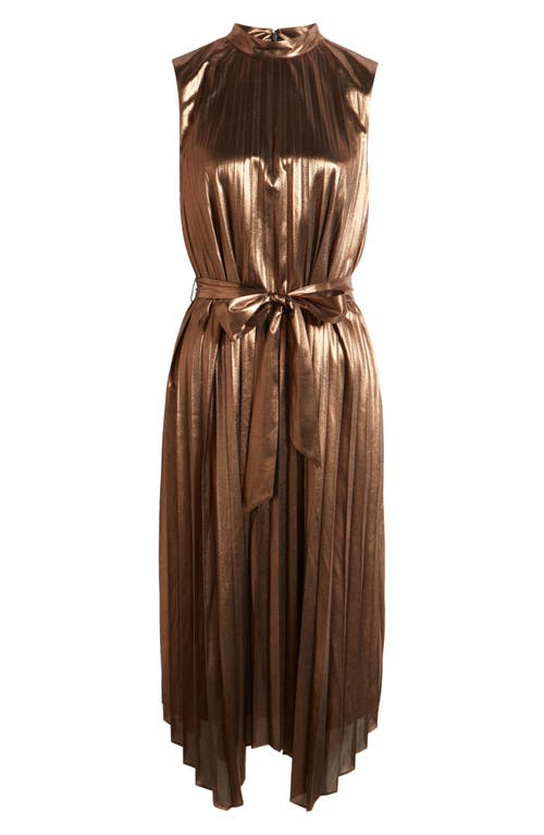 Shop Tahari Asl Pleated Satin Mock Neck Tie Waist Dress In Chocolate