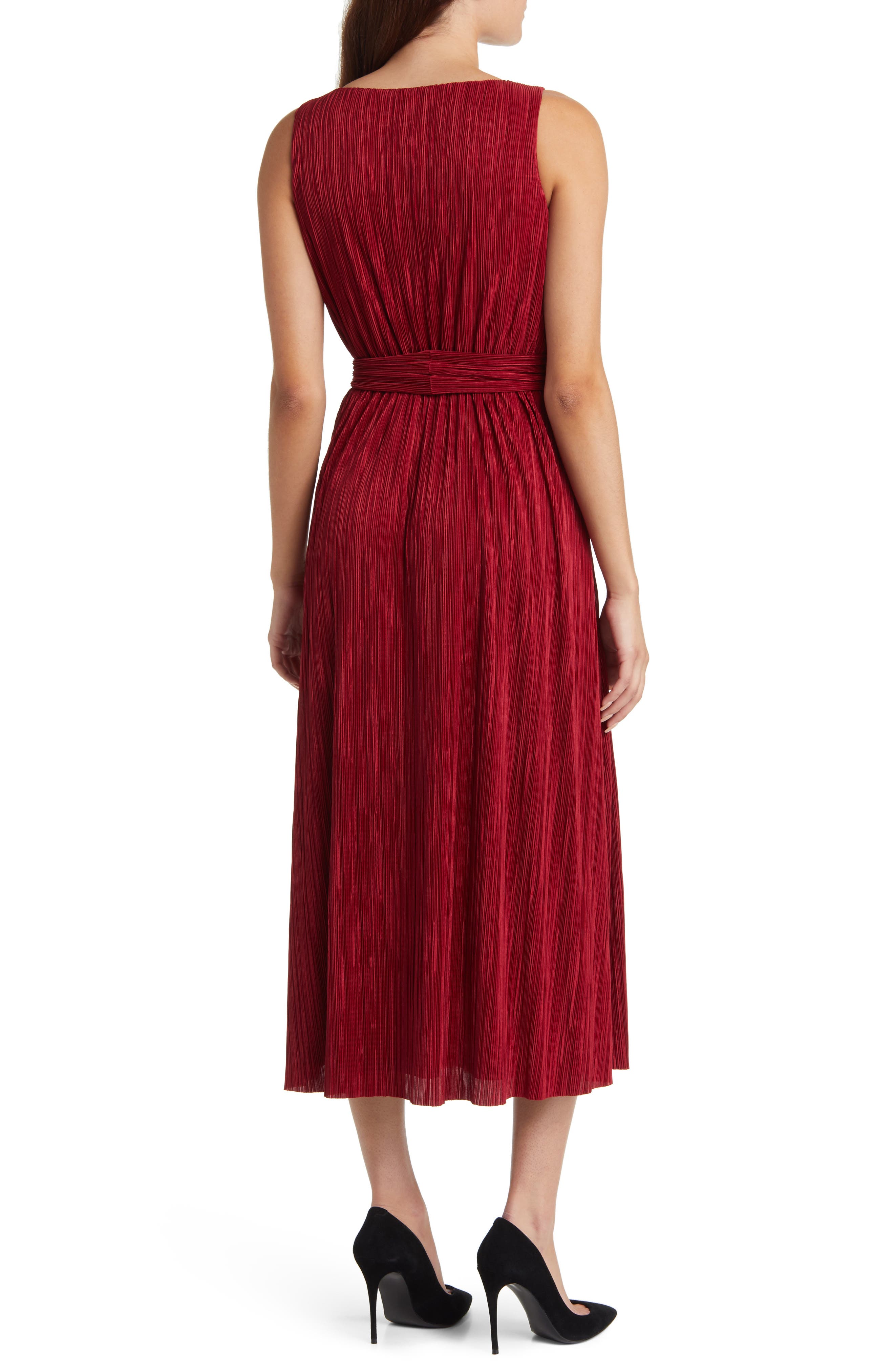 Anne Klein Pliss Tie Belt Midi Dress in Titian Red | Smart Closet