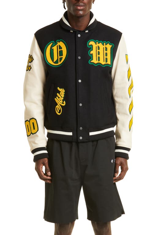 Shop Off-white Stretch Wool Blend & Leather Varsity Jacket In Black/yellow