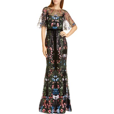 Marchesa Notte Floral Tulle Overlay Trumpet Gown, Black