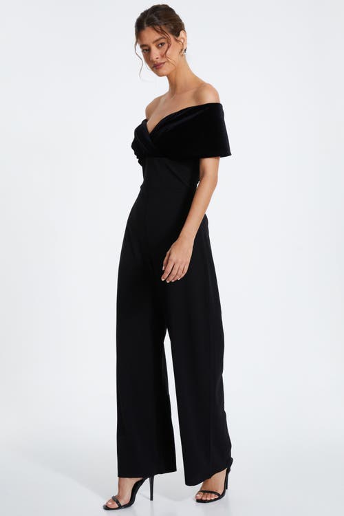 Shop Quiz Velvet And Scuba Crepe Bardot Jumpsuit In Black