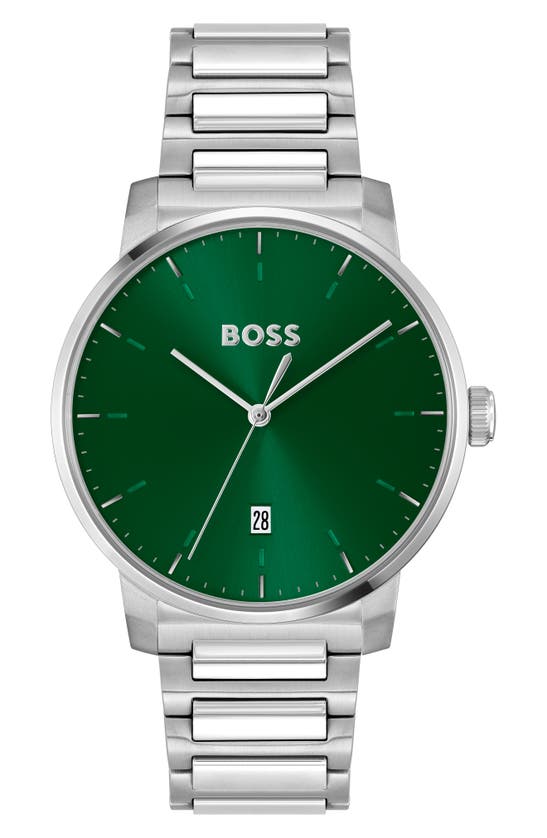 Hugo Boss Men's Dean Quartz Basic Calendar Silver-tone Stainless Steel Watch 41mm In Green