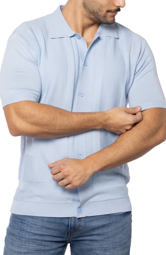 Spring + Mercer Textured Short Sleeve Button-up Sweater In Powder Blue