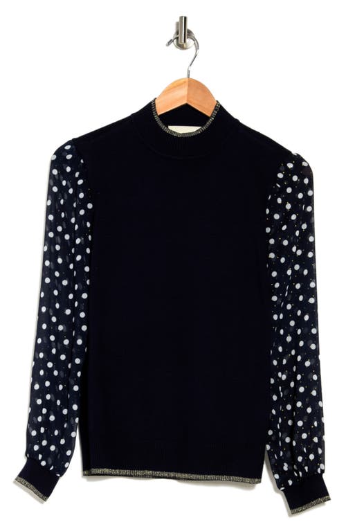 Shop By Design Leila Mock Neck Chiffon Sleeve Sweater In Navy Blazer W/polka Dot