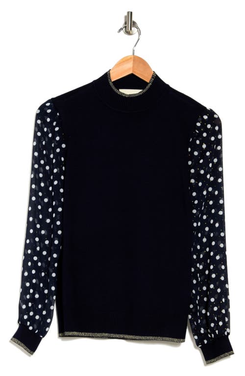 By Design Leila Mock Neck Chiffon Sleeve Sweater In Navy Blazer W/polka Dot