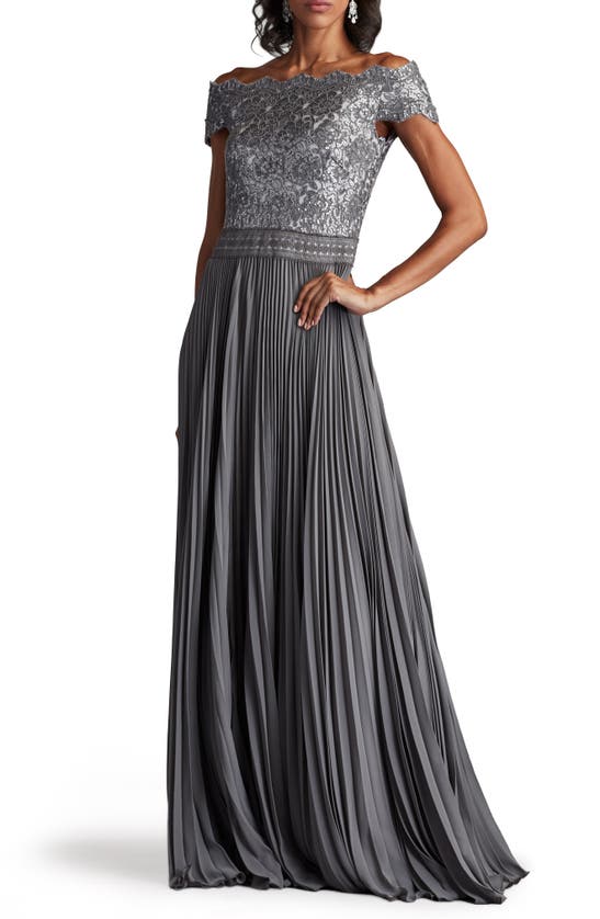 Shop Tadashi Shoji Off The Shoulder Sequin Lace Pleated Gown In Mist