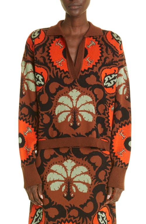 Johanna Ortiz Whimsical Tropical Jacquard Pima Cotton Sweater in Suzani Palm Mist/Tabaco