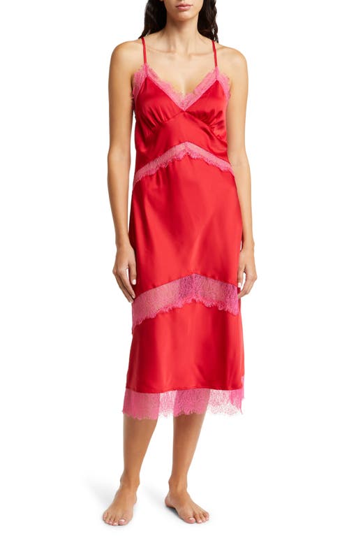 KILO BRAVA Lace Trim Satin Nightgown in Red Pink