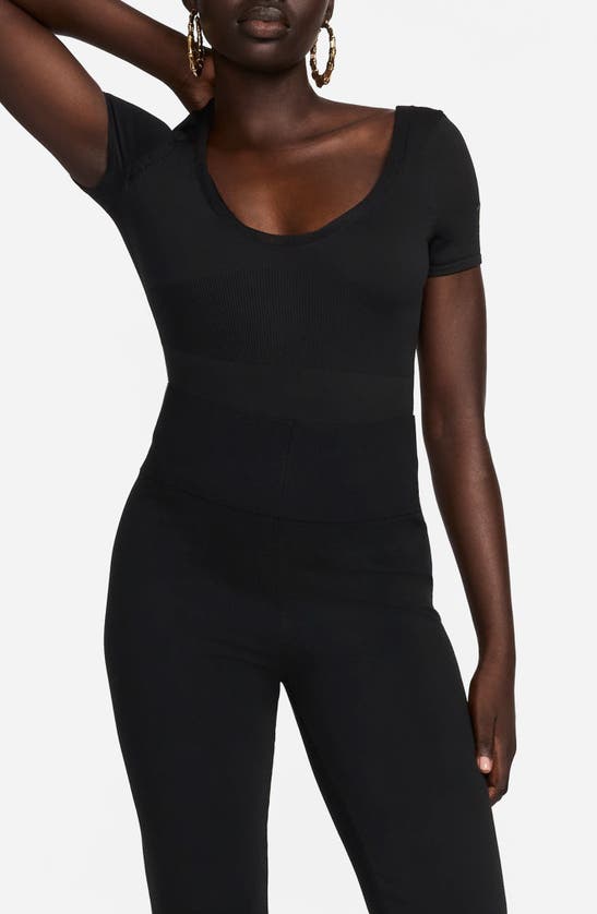 Shop Nike Short Sleeve Rib Sweater Bodysuit In Black/ Black/ Black