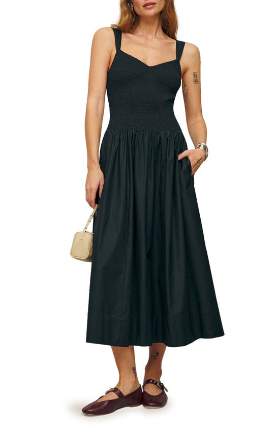 Shop Reformation Sariah Smocked Organic Cotton Midi Dress In Black
