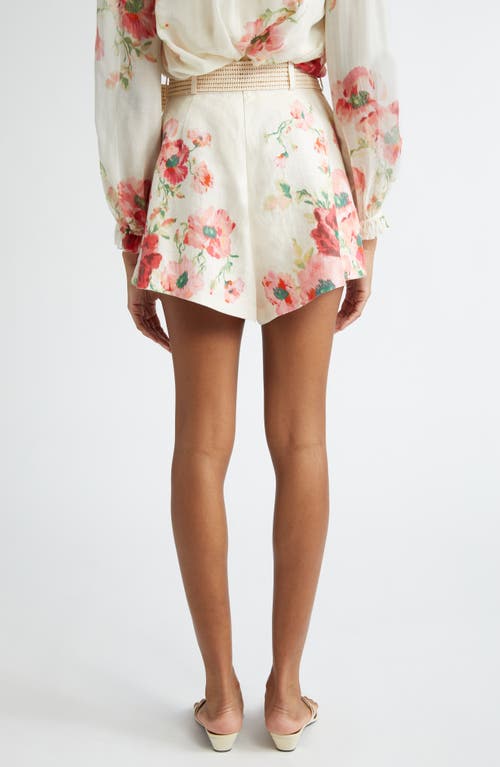 Shop Zimmermann Lightburst Floral Belted Linen Shorts In Cream/red Floral