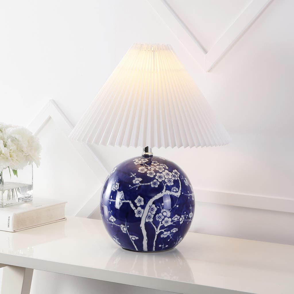 Jonathan Y Shishen Cottage Classic Chinoiserie Ceramic Orb Led Table Lamp With Pleated Shade In Navy/white