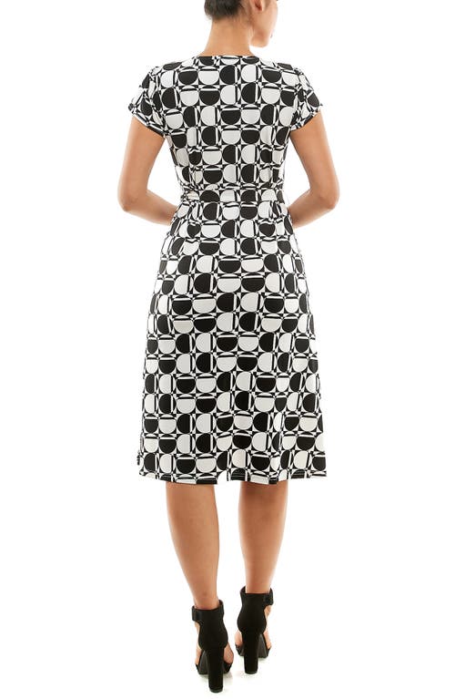 Nina Leonard Patterned Cap Sleeve Fit & Flare Dress In Black/ivory Multi