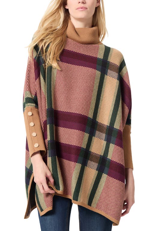 Jones New York Plaid Turtleneck Poncho Sweater In Caramel/burgundy Multi