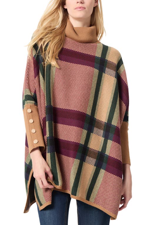 Shop Jones New York Plaid Turtleneck Poncho Sweater In Caramel/burgundy Multi