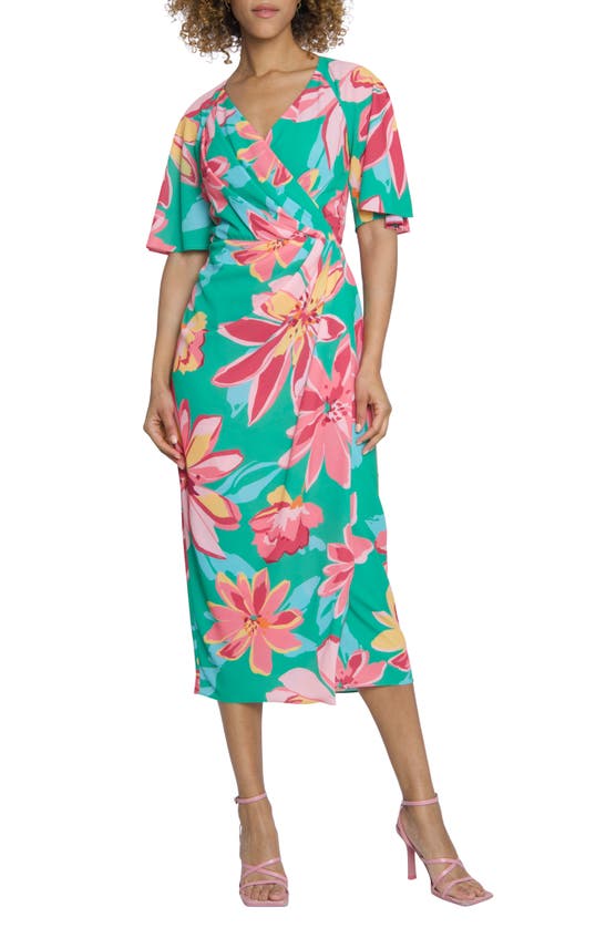 Shop Maggy London Floral Print Faux Wrap Midi Dress In Green/ Coral