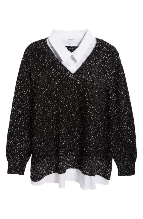 Shop Liverpool Point Collar Mixed Media Sweater In Black With White Flakes