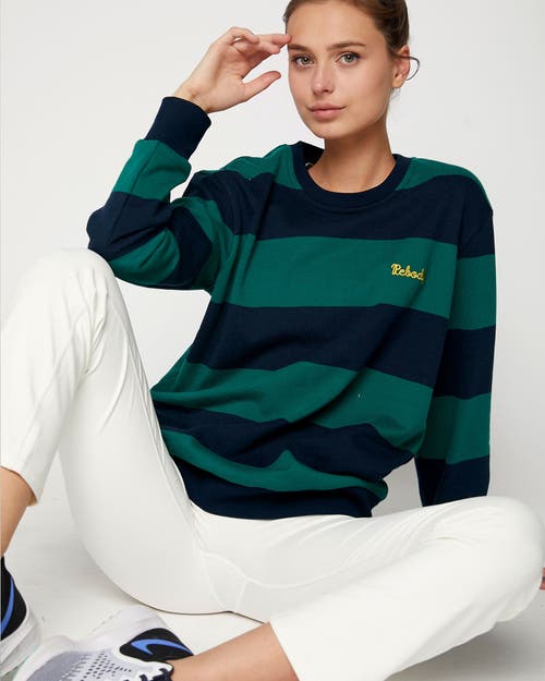 Rebody Active Embroidered Rebody Rugby Striped Sweatshirt Sustainable In Navy/green
