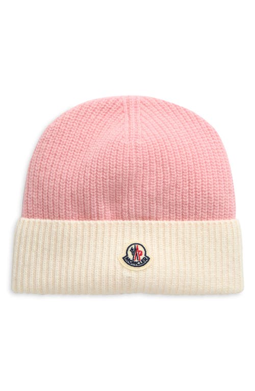 Moncler Logo Patch Colorblock Rib Wool Beanie In Rose Pink