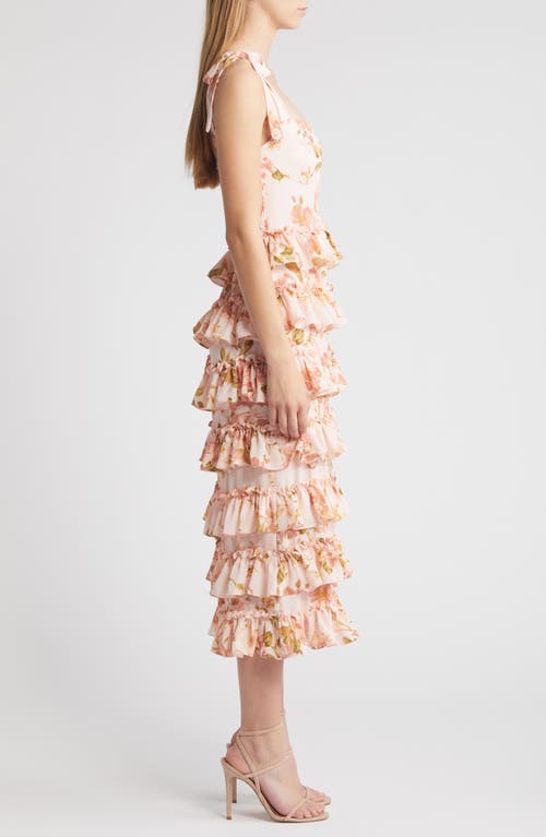 Shop Wayf The Masie Floral Tiered Ruffle Cocktail Midi Dress In Vintage Roses